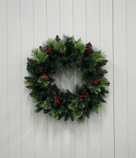 Light Green Mixed Foliage Wreath with Pine Cones and Berries